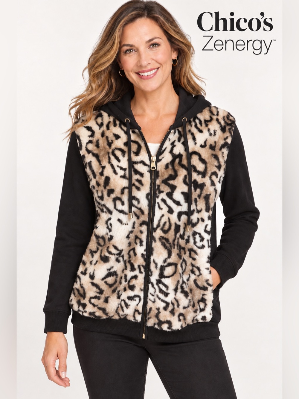 Chico’s Zenergy Faux Fur Leopard Print Zip Hoodie Jacket Size 1 Black Beige